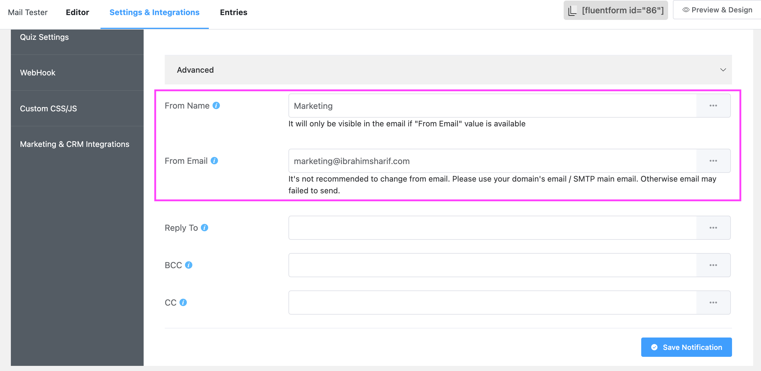 Fluent Forms Custom Mail From