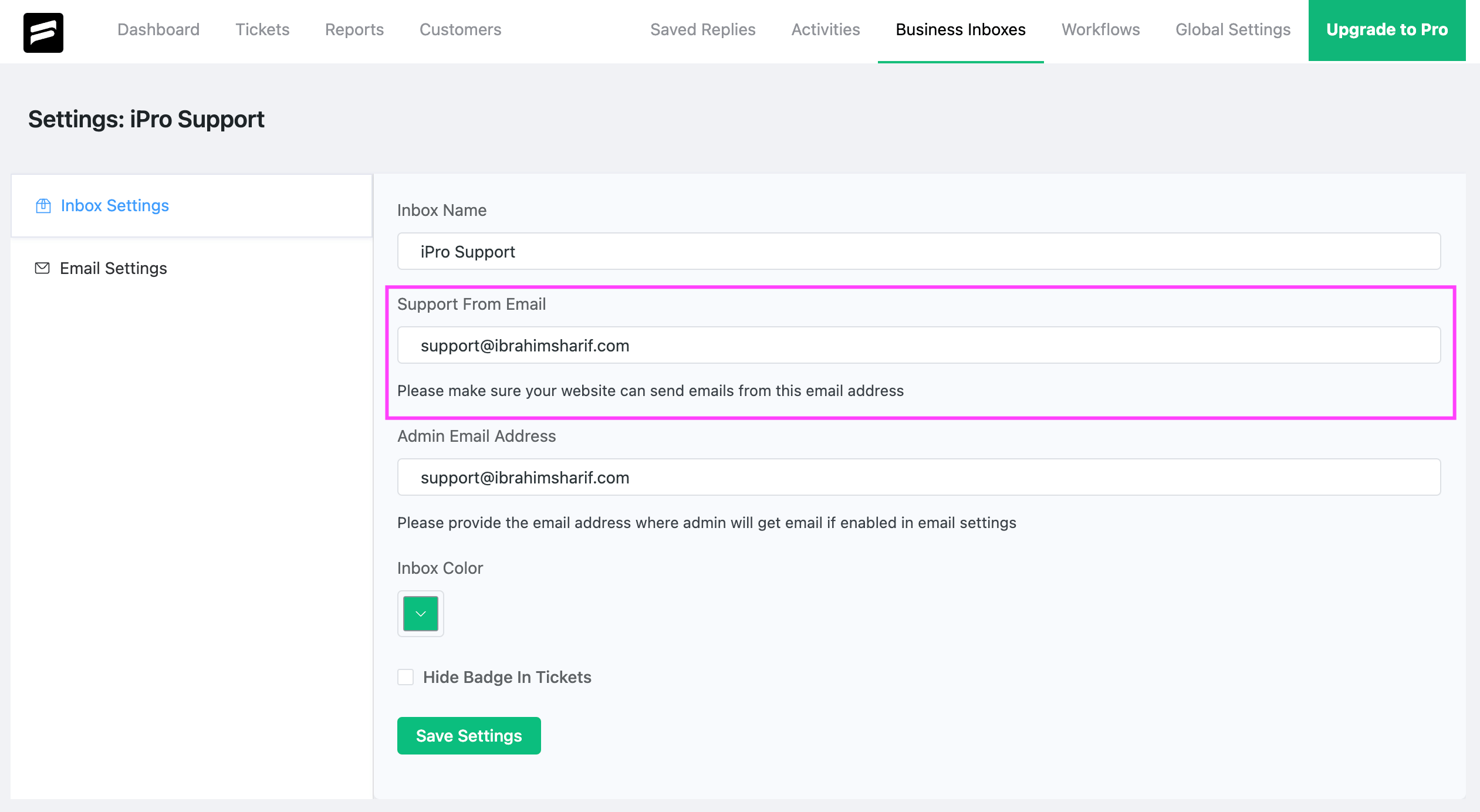 Fluent Support Custom Mail From