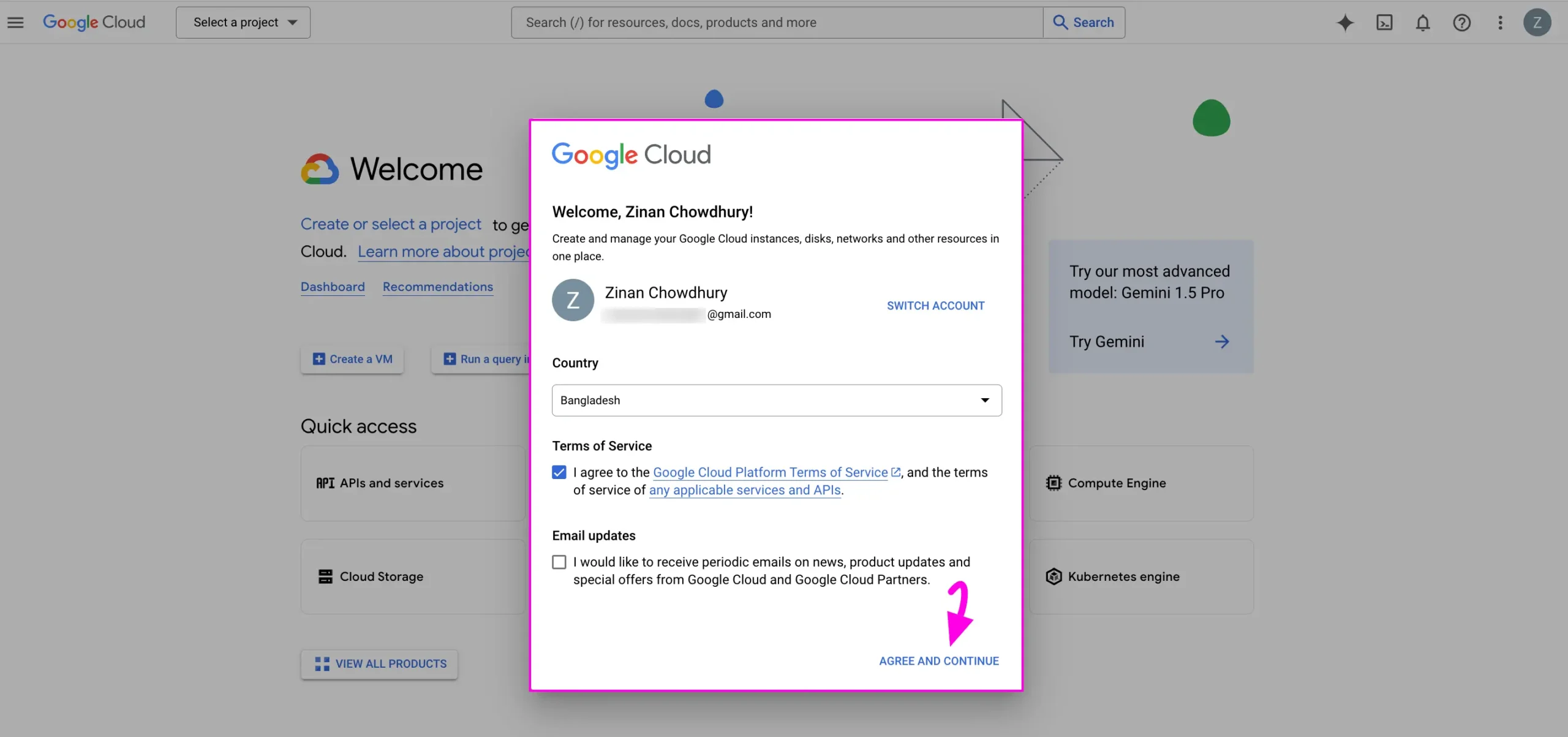5. Google Cloud Terms & Conditions Popup