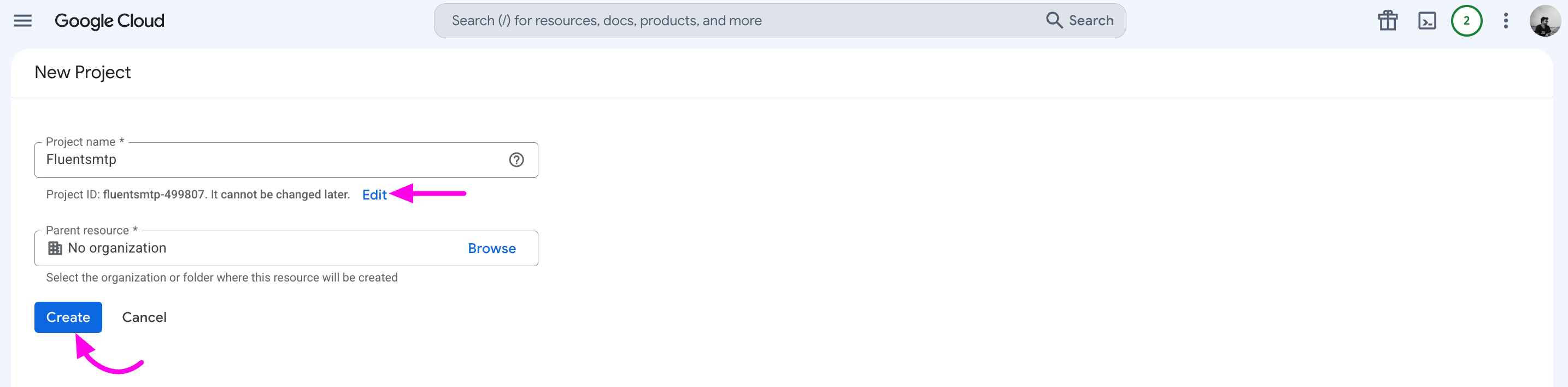 7. Project Name and Create Button