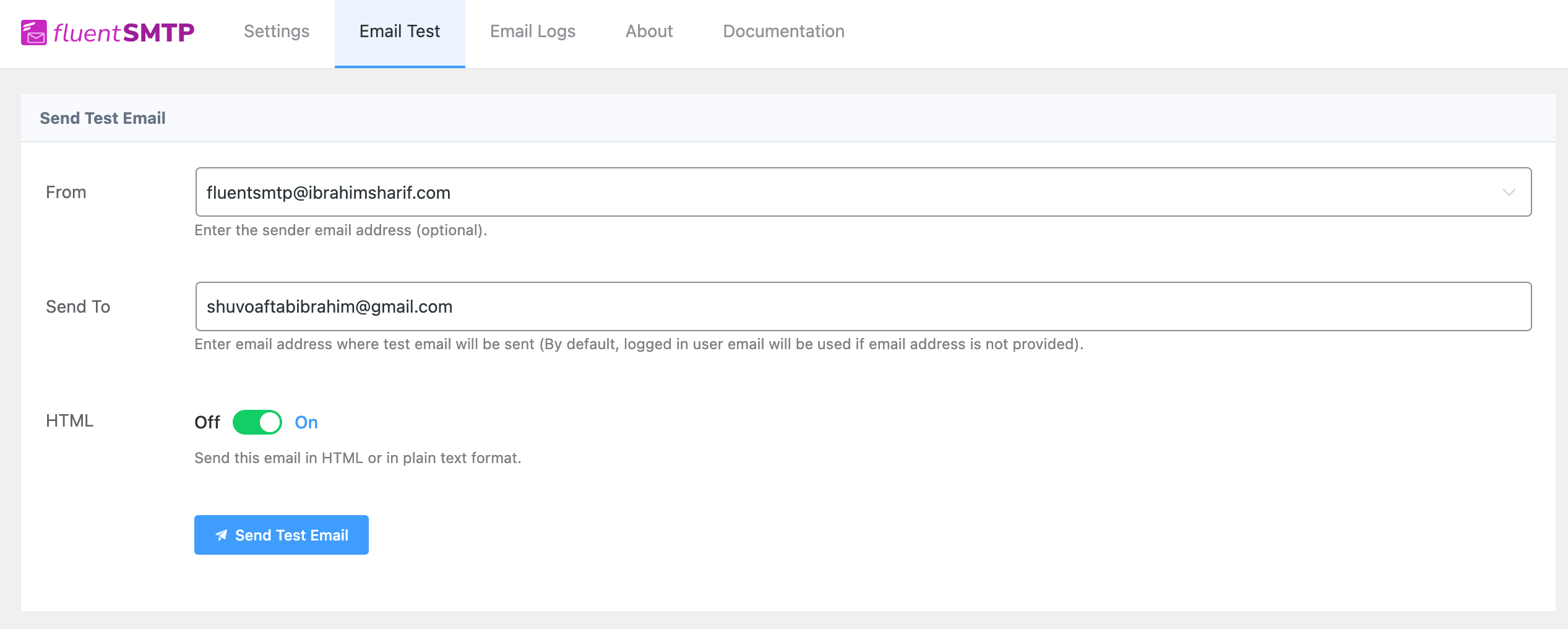 Fluent SMTP Send Test Email