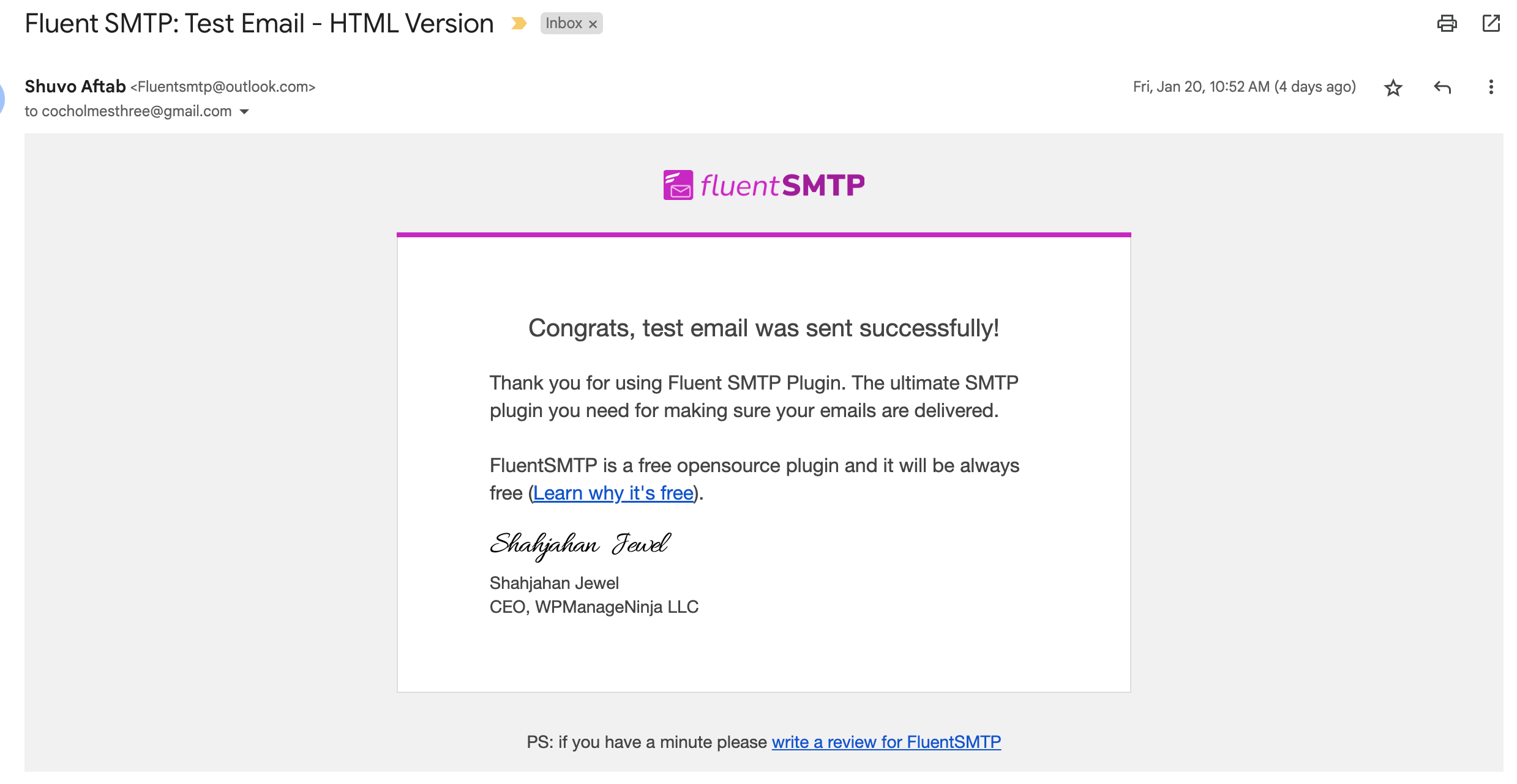 Fluent SMTP Test Email Received